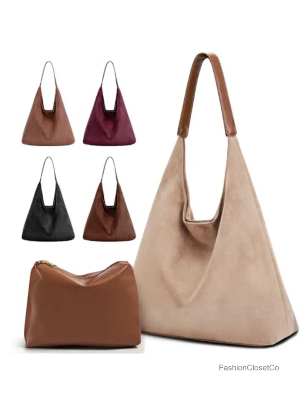 2-Piece Vegan Leather Purse Set: Slouchy Hobo Bag & Suede Tote Set